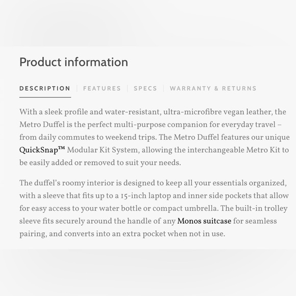 Like New MONOS Metro Duffel Vegan Leather Saddle Tan Used 1x - Picture 14 of 16